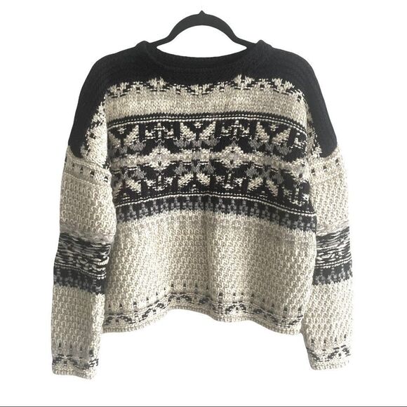 𝅺hand Knit Jacquard Link Chunky Knit Boat Neck Long Sleeve Sweater Ecru Black S - Picture 1 of 10